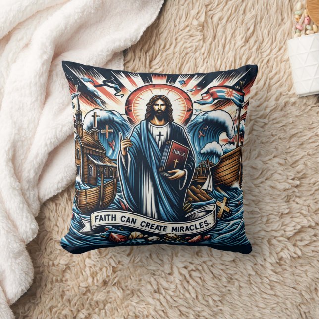 Jesus stands among turbulent seas, inspiring faith cushion (Blanket)
