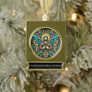 Jesus surrounded by eight angels and floral motif Gold Plated Banner Ornament