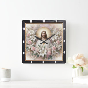 Jesus Surrounded by Lilies Roses Square Wall Clock