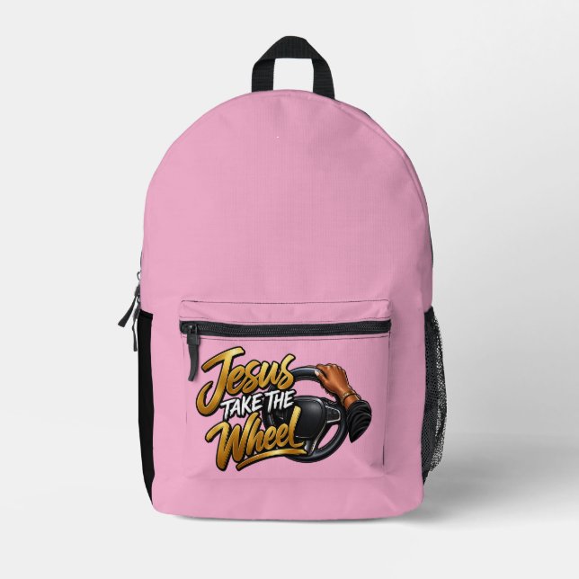 Jesus take the wheel printed backpack (Front)