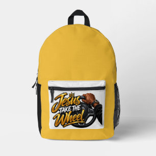 Jesus take the wheel printed backpack