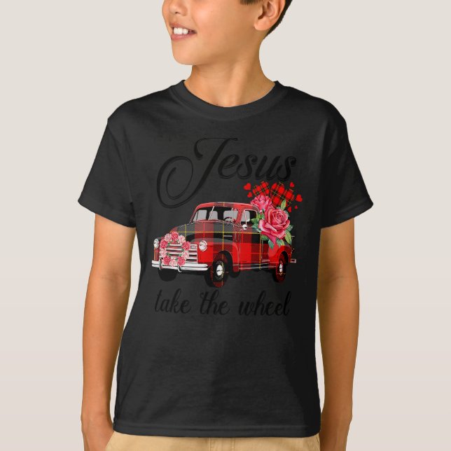 Jesus Take The Wheel Red Truck Christmas God Belie T-Shirt (Front)
