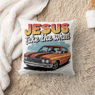 Jesus Take the Wheel Vintage Muscle Car Cushion