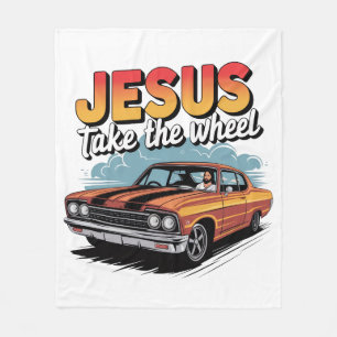 Jesus Take the Wheel Vintage Muscle Car Fleece Blanket