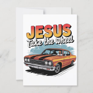 Jesus Take the Wheel Vintage Muscle Car Postcard