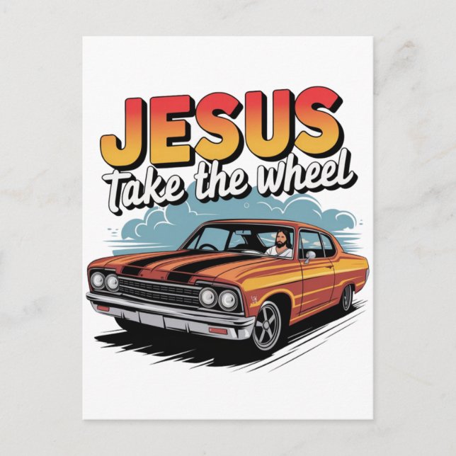 Jesus Take the Wheel Vintage Muscle Car Postcard (Front)