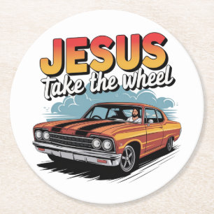 Jesus Take the Wheel Vintage Muscle Car Round Paper Coaster