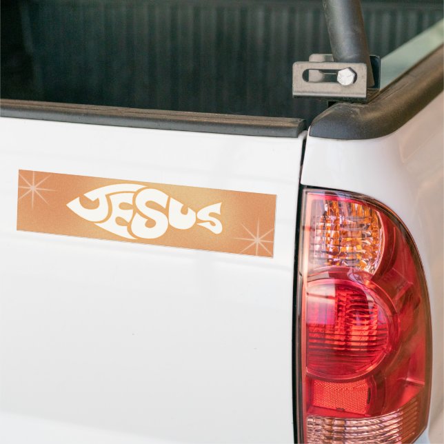 Jesus Text in Fish Shape Orange Background Bumper Sticker (On Truck)