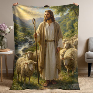 Jesus the Good Shepherd in Golden Valley Fleece Blanket