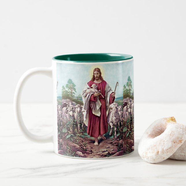 Jesus, The Good Shepherd  Two-Tone Coffee Mug (With Donut)