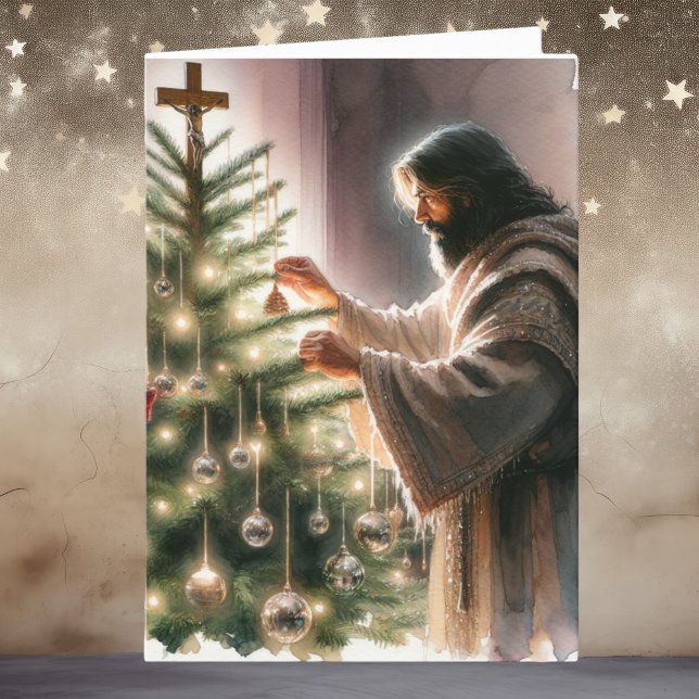 Jesus the Messiah Decorating Christmas Tree Holiday Card (Creator Uploaded)