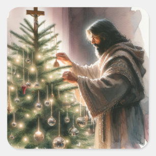 Jesus the Messiah Decorating Christmas Tree Square Sticker