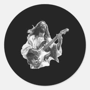 Jesus The Solid Rock Playing Electric Guitar And L Classic Round Sticker