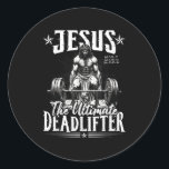 Jesus The Ultimate Deadlifter Jesus Deadlifting Ch Classic Round Sticker<br><div class="desc">Jesus The Ultimate Deadlifter Jesus Deadlifting Christian</div>