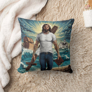 Jesus walking on turbulent waters with a cross cushion