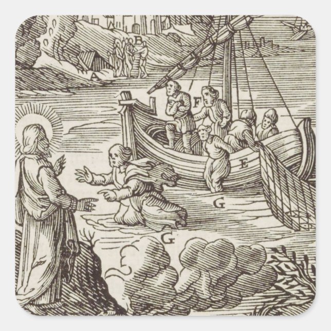 Jesus walking on water square sticker (Front)