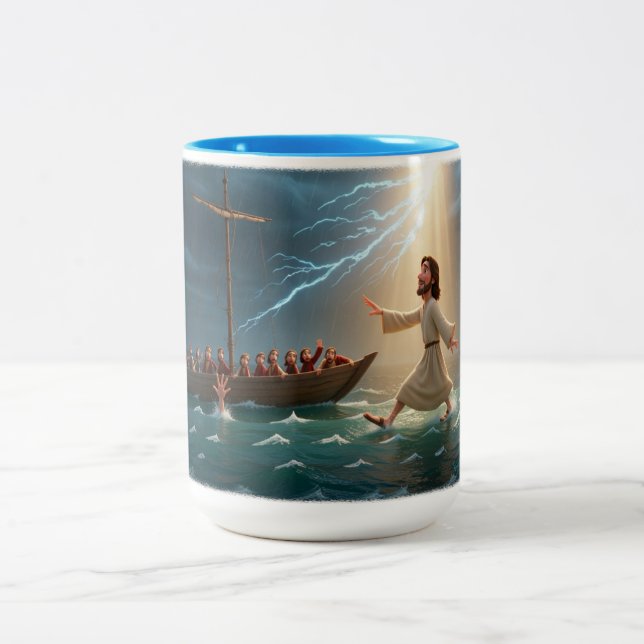 Jesus Walking On Water To Save Peter Two-Tone Coffee Mug (Center)