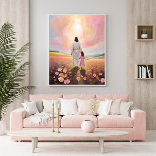 Jesus Walking with Child in a Field of Flowers Poster