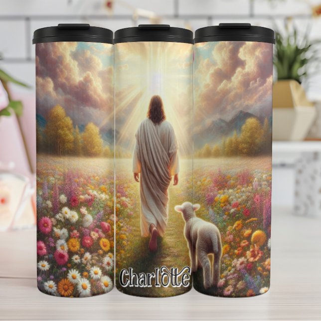 Jesus Walking With Lamb in Field Thermal Tumbler (Creator Uploaded)
