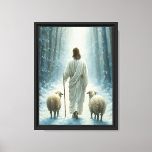 Jesus Walking with Sheep in Winter Light Canvas Print