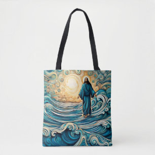 Jesus walks on water tote bag