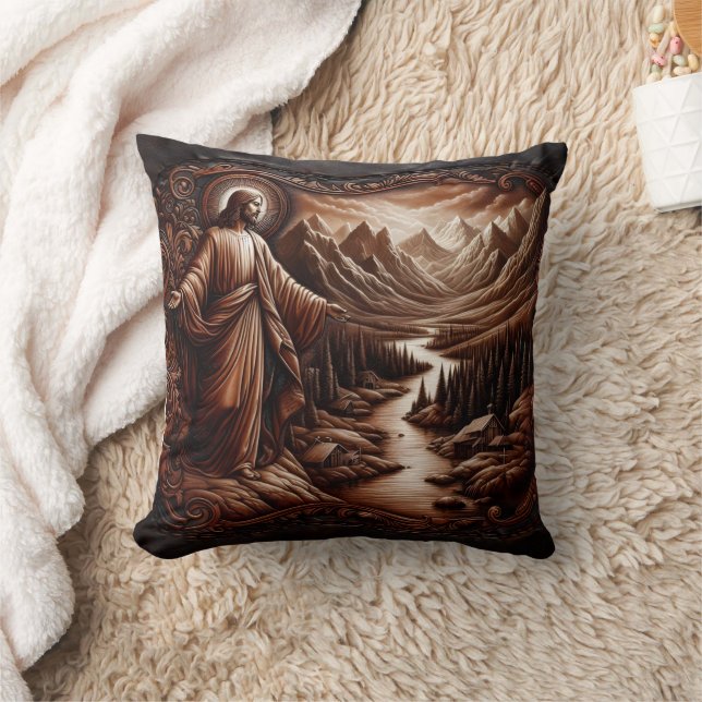 Jesus Welcoming in Serene Mountain Landscape Cushion (Blanket)
