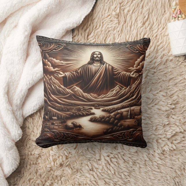 Jesus Welcoming in Serene Mountain Landscape Cushion (Blanket)