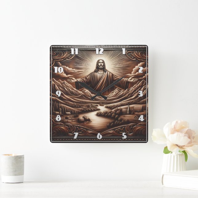 Jesus Welcoming in Serene Mountain Landscape Square Wall Clock (Home)