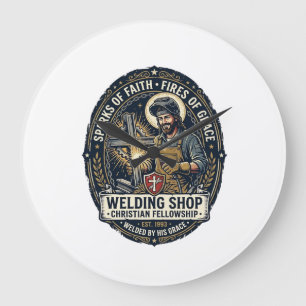 Jesus Welder Metal Shop T-Shirt Inspirational Fait Large Clock