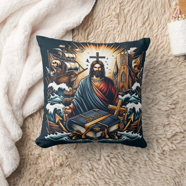 Jesus with a sacred book in stormy seas cushion (Blanket)