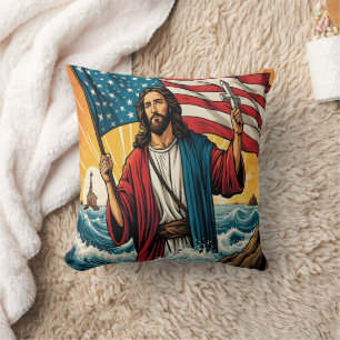 Jesus with American flag by sunset sea Cushion