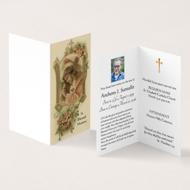 Jesus with Cross Catholic Funeral Holy Card (Inside and Outside)