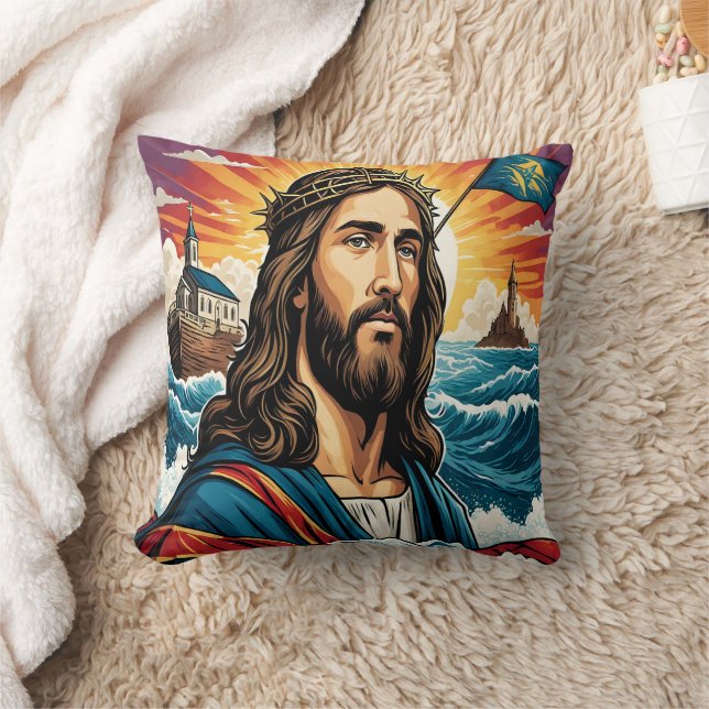 Jesus with crown and flag amid stormy seas cushion (Blanket)