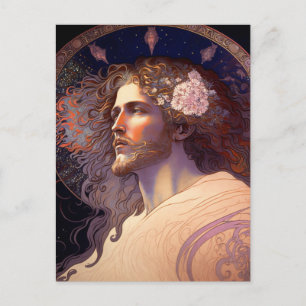 Jesus with Flowers in hair by Mucha AI Generated Postcard