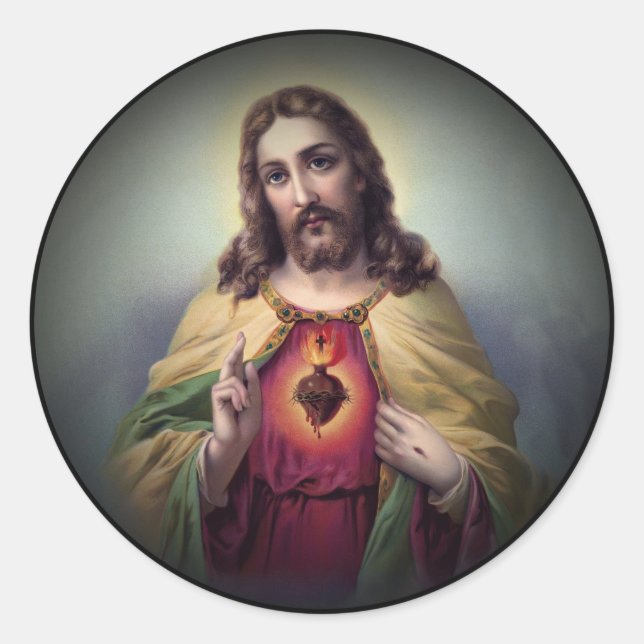 Jesus with Glowing Heart Classic Round Sticker (Front)