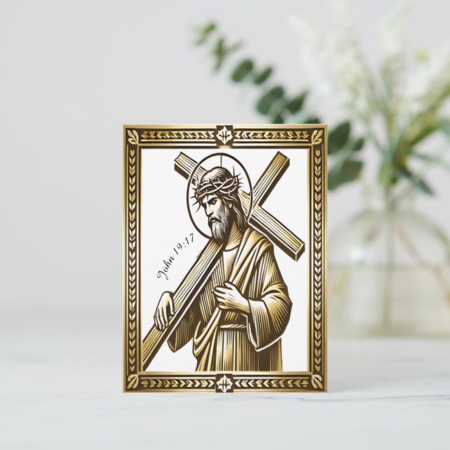 Jesus with Gold Cross of Redemption Postcard (Standing Front)