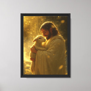 Jesus with Lamb in Golden Light Spiritual Canvas Print