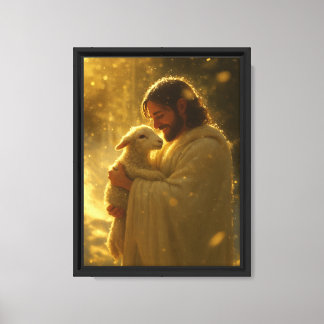 Jesus with Lamb in Golden Light Spiritual Canvas Print