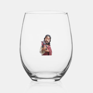 Jesus with Moo Deng_ The Pygmy Hippo of Faith Fun Stemless Wine Glass