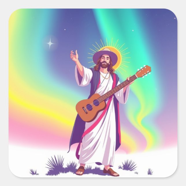 Jesus with Northern Lights, UFOs, Rainbows, Guitar Square Sticker (Front)