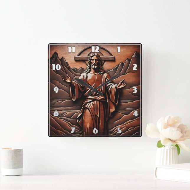 Jesus With Open Arms in Mountains Square Wall Clock (Home)