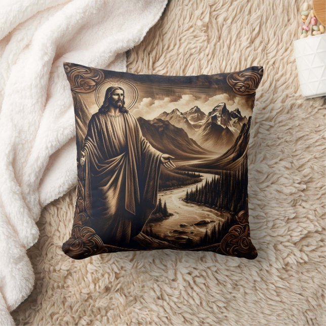 Jesus With Outstretched Arms in Mountain Landscape Cushion (Blanket)