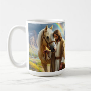 Jesus with Palomino Horse in Scenic Landscape  Coffee Mug