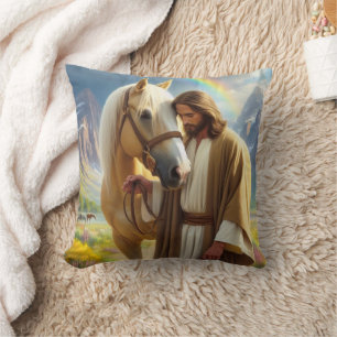 Jesus with Palomino Horse in Scenic Landscape Cushion