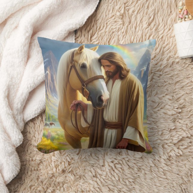 Jesus with Palomino Horse in Scenic Landscape  Cushion (Blanket)