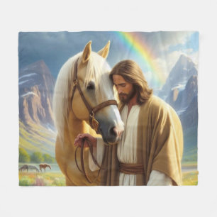 Jesus with Palomino Horse in Scenic Landscape  Fleece Blanket