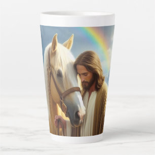 Jesus with Palomino Horse in Scenic Landscape Latte Mug