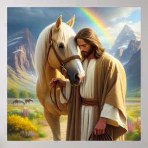 Jesus with Palomino Horse in Scenic Landscape  Poster