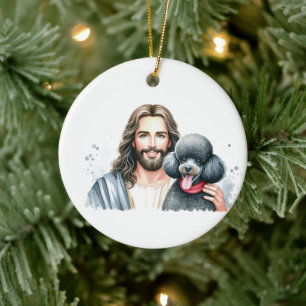 Jesus with Poodle= 1st Christmas in heaven Ceramic Tree Decoration