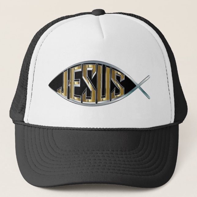 Jesus within a Fish Symbol Trucker Hat (Front)